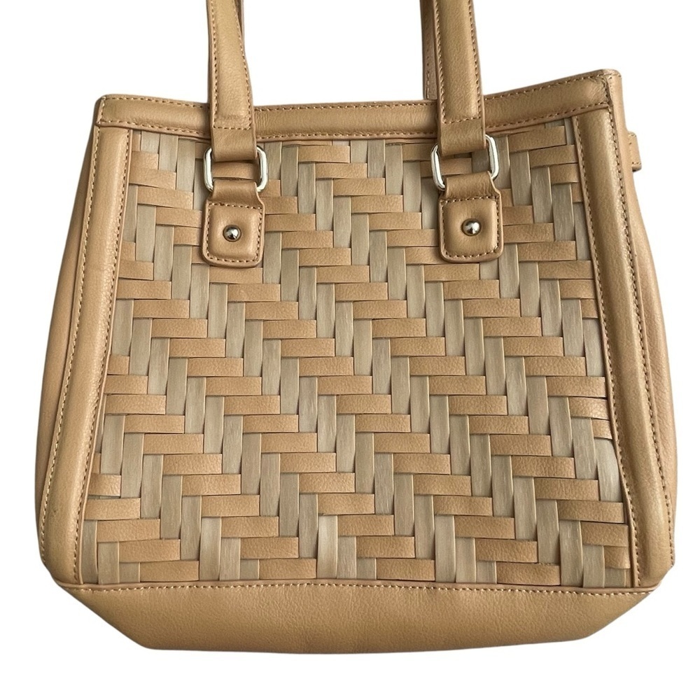 Longaberger Basket Woven Leather Shoulder Bag Stairstep Weave Caramel View 6